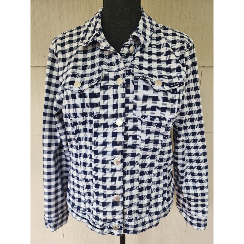 Kim Rogers Women's Gingham  Denim Jacket Size Large L Casual Navy White Plaid